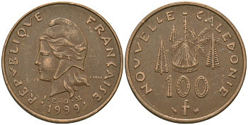 Французская Новая Каледония 100 франков 1999 хижина среди сосен и пальм, (IEOM) KM 15, Schoen 16, Lec 139c никель бронза 97-114