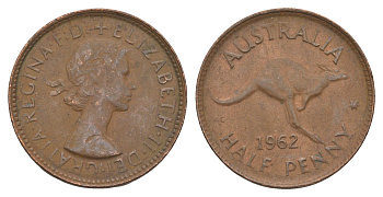 Австралия 1/2 пенни 1962 Елизавета II (1952-2022), кенгуру KM 61 бронза 4652-143