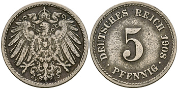 Германия 5 пфеннигов 1908 F KM 11, Jager 12, Weege 6 медно-никель 4364-4545