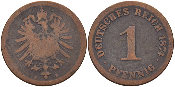 ГЕРМАНИЯ 1 ПФЕННИГ 1874 D, СТАРОГЕРБОВКА KM 1, J. 1 медь 100-268