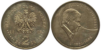 Польша 2 злотых 2008 10 лет со дня смерти Херберта Збигнева KM 634 латунь 114-415
