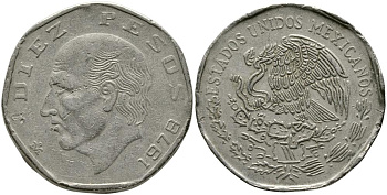 МЕКСИКА 10 ПЕСО 1978 МАНУЭЛЬ ХИДАЛЬГО КАСТИЛЬЯ KM 477.2 медно-никель 114-812