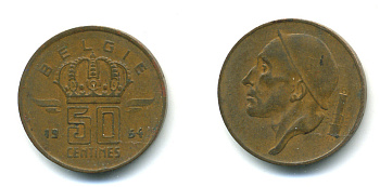 БЕЛЬГИЯ 50 САНТИМОВ 1954 BELGIE KM 145 бронза 86-751