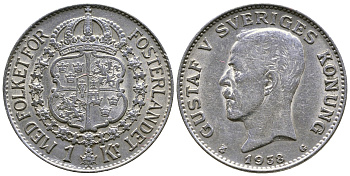 ШВЕЦИЯ 1 КРОНА 1938 G, ГУСТАВ V (1907-1950) KM 786.2 серебро 4178-644