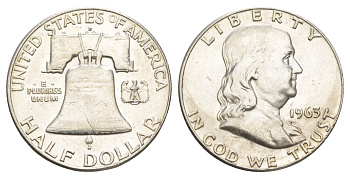 США 1/2 доллара (50 центов) 1963 Бенджамин Франклин, колокол KM 199 серебро  aUNC  4574-1234