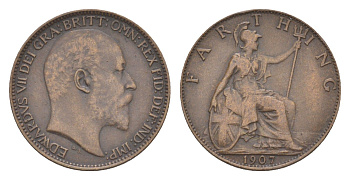 Великобритания 1 фартинг 1907 Эдуард VII (1901-1910) KM 792, Spink 3992 бронза 4630-218