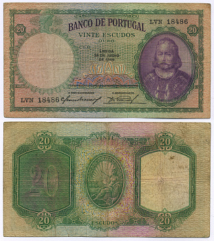 ПОРТУГАЛИЯ 20 ЭСКУДО 1949 28.06.1949, Антонио Луис Менезес Pick 153a бумага 8564-25-2-1