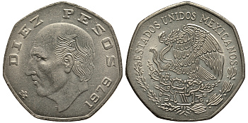 МЕКСИКА 10 ПЕСО 1979 МАНУЭЛЬ ХИДАЛЬГО КАСТИЛЬЯ KM 477.2 медно-никель VF+ 215-1011