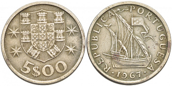 ПОРТУГАЛИЯ 5 ЭСКУДО 1967ПАРУСНИК KM 591 медно-никель 3718-454