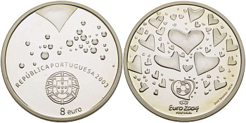 Португалия 8 евро 2003 Чемпионат Европы по футболу UEFA ЕВРО-2004 в Португалии, логотип чемпионата, сердца, тираж 15000 экз. KM 751 а серебро PROOF 1078-5-64