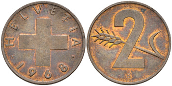 Швейцария 2 раппена 1968 В KM 47 бронза 4582-1156