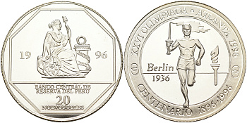 Перу 20 солей 1996 XXVI Олимпийские игры 1996 года в Атланте, 100 лет Олимпийскому движению, олимпийский огонь, пробник, гладкий гурт серебро PROOF 00-000-00