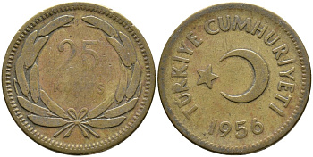ТУРЦИЯ 25 КУРУШЕЙ 1956 KM 886 латунь 4541-352