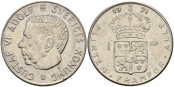 Швеция 1 крона 1971 U, Густав VI Адольф (1950-1973) KM 826а медь плакированная медно-никелем 4161-637