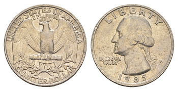 США 25 центов = квотер = 1/4 доллара 1985 P, Джордж Вашингтон KM 164a медь плакированная медно-никелем 4652-447