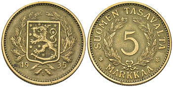 Финляндия 5 марок 1935 S, редкий год, тираж 440.000 KM 31 алюминиевая бронза 4589-1222