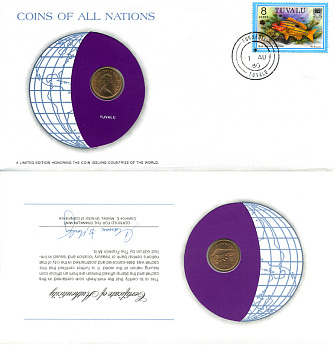 ТУВАЛУ 1 ЦЕНТ 1976 КОНВЕРТ С МАРКОЙ ПЕРВОГО ДНЯ ГАШЕНИЯ, COINS OF NATIONS KM 1 бронза UNC 4294-66-2