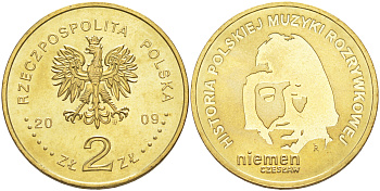 Польша 2 злотых 2009 MW, серия история польской музыки, Чеслав Немен KM 684 латунь UNC 4114-126