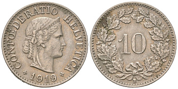 Швейцария 10 раппенов 1919 B KM 27 медно-никель 4169-722