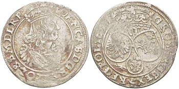 Польша 6 грошей (шостак) 1665 A-T, Ян II Казимир (1648-1668), вес 3,28 гр., легенда (IOAN CAS) KM 91, Kopinski 114.6a серебро 1517-931