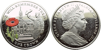 Фолклендские острова 1 крона 2014 в память героев первой мировой войны, Королевский госпиталь Челси, красный мак KM 177.1 медно-никель, эмаль  PROOF 1071-5-31