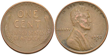 США 1 ЦЕНТ 1952 S, ЛИНКОЛЬН KM А132 медь цинк 218-611