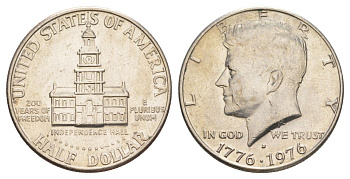 США 1/2 доллара (50 центов) 1976 D, 200 лет независимости, Джон Кеннеди KM 205 медь плакированная медно-никелем aUNC 4545-1232