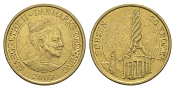 Дания 20 крон 2003 Башня Фондовой биржи Борсен, Копенгаген KM 890 алюминиевая бронза UNC 4657-1244