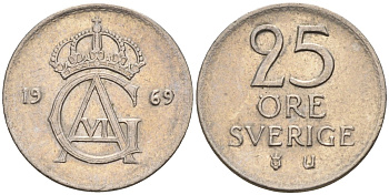 Швеция 25 эре 1969 Густав VI Адольф (1950-1973) KM 836 медно-никель 4580-263