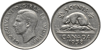 Канада 5 центов 1938 бобр, Георг VI (1937-1952) KM 33 никель 4577-851