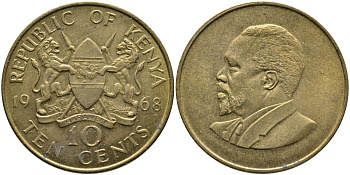 Кения 10 центов 1968 Джомо Кениата KM 2 никель латунь 4526-1043