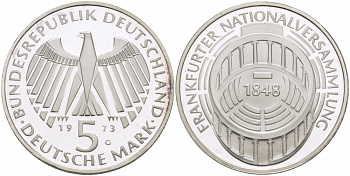 ФРГ 5 марок 1973 G, 125 лет Франкфуртскому парламенту J. 412, KM 137 серебро PROOF 650-1322