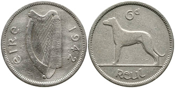 ИРЛАНДИЯ 6 ПЕНСОВ 1942 ИРЛАНДСКИЙ ВОЛКОДАВ KM 13а медно-никель 4525-1136