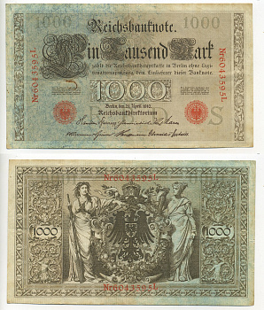 ГЕРМАНИЯ 1000 МАРОК 1910 КРАСНАЯ ПЕЧАТЬ, 7 ЦИФР В НОМЕРЕ Pick 44b бумага 7217-85-1