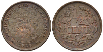 НИДЕРЛАНДЫ 1/2 ЦЕНТА 1938 ВИЛЬГЕЛЬМИНА (1890-1948) KM 138 бронза 39-239