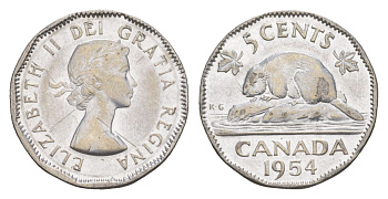 Канада 5 центов 1954 Елизавета II (1952-2022), бобр KM 50 хромированная сталь 4630-661