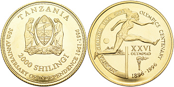 Танзания 2000 шиллингов 1996 XXVI Олимпийские игры 1996 года в Атланте, 100 лет Олимпийскому движению, бег с барьерами, пробник, рубчатый гурт латунь PROOF 06-135-33