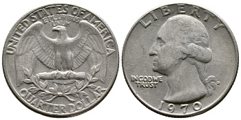 США 25 центов (квотер) 1970 Вашингтон KM 164а медь плакированная медно-никелем 08-513