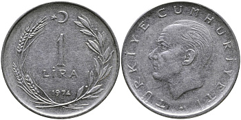 Турция 1 лира 1974 Мустафа Кемаль Ататюрк KM 889а.2 нержавеющая сталь 4178-1014