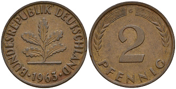 ФРГ 2 пфеннига 1963 G J.381  KM 106 бронза    4598-732
