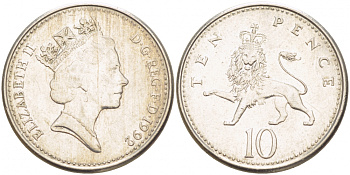 Великобритания 10 пенсов 1992 Елизавета II (1952-2022) KM 938b, Spink 4367 (F4) медно-никель 77-332