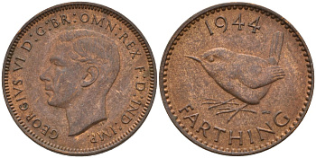 Великобритания 1 фартинг 1944 Георг VI (1936-1952) KM 843, Spink 4116 бронза 4596-965