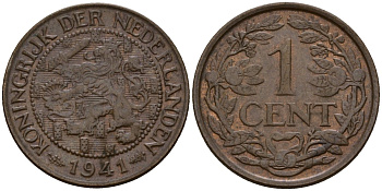 Нидерланды 1 цент 1941 Вильгельмина I (1890-1948) KM 152 бронза 4154-923