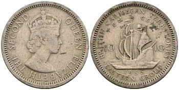 Британские Восточно-Карибские территории 10 центов 1955 Елизавета II (1952-2022), парусник KM 5 медно-никель 4596-517