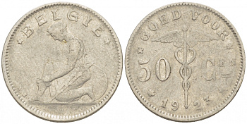 БЕЛЬГИЯ 50 САНТИМОВ 1923 BELGIE KM 88 никель 261-1666