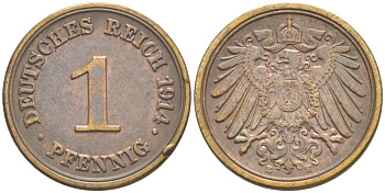 ГЕРМАНИЯ 1 ПФЕННИГ 1914 E KM 10, Jager. 10, Weege 2 медь 4528-721