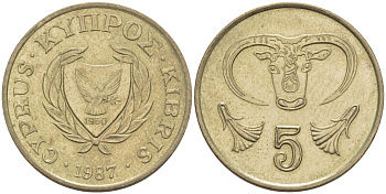 КИПР 5 ЦЕНТОВ 1987 ГОЛОВА БЫКА KM 55.2 никель латунь 67-611