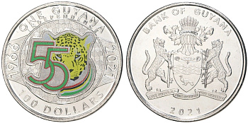 Гайана 100 долларов 2021 55 лет независимости, ягуар, термопечать KM NEW медно-никель  UNC  M39-07