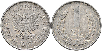 Польша 1 злотый 1977 MW KM 49.1 алюминий    4161-627