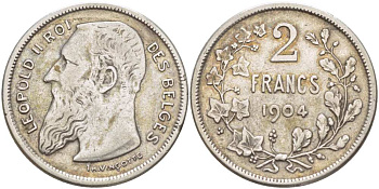 Бельгия 2 франка 1904 Леопольд II (1865-1909), BELGES, РАЗНОВИДНОСТЬ С ТОЧКОЙ В ПОДПИСИ KM 58.1 серебро 00-00